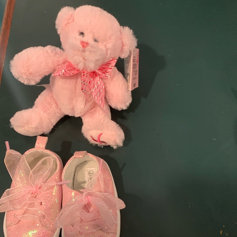 Sparkly Pink Size 2 Baby Shoes and a Pink Teddy Bear